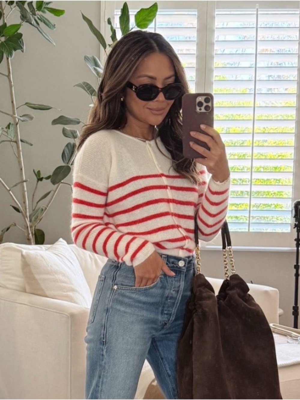 Sezane Striped Gaspard Cardigan - Ecru & Red